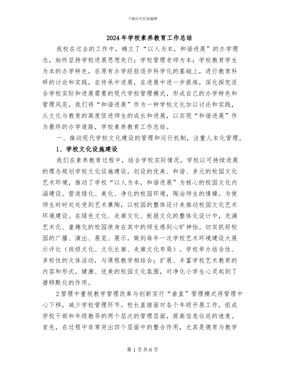 2024年学校素质教育工作总结_第1页