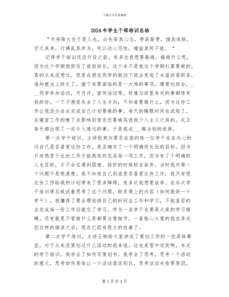 2024年学生干部培训总结_第1页