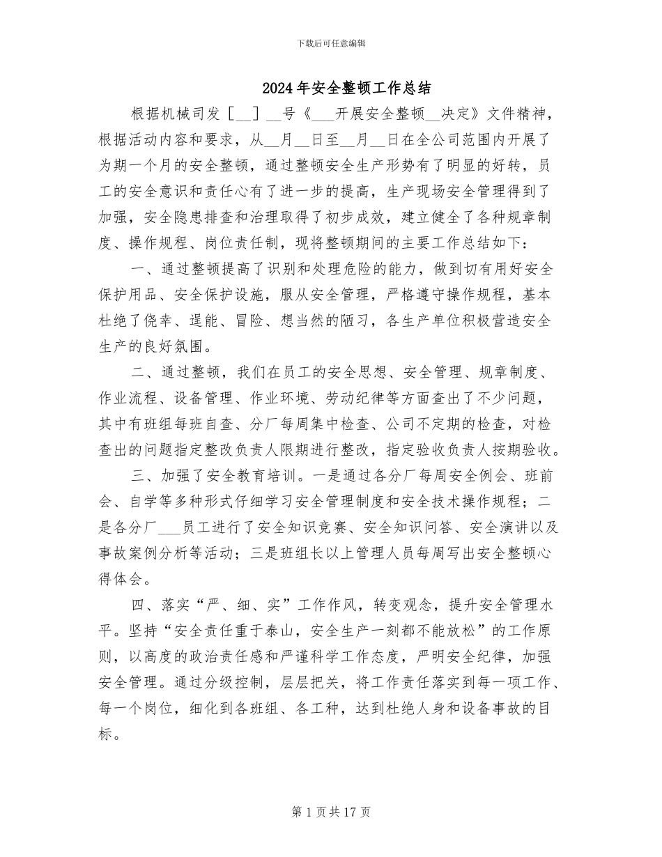 2024年安全整顿工作总结_第1页