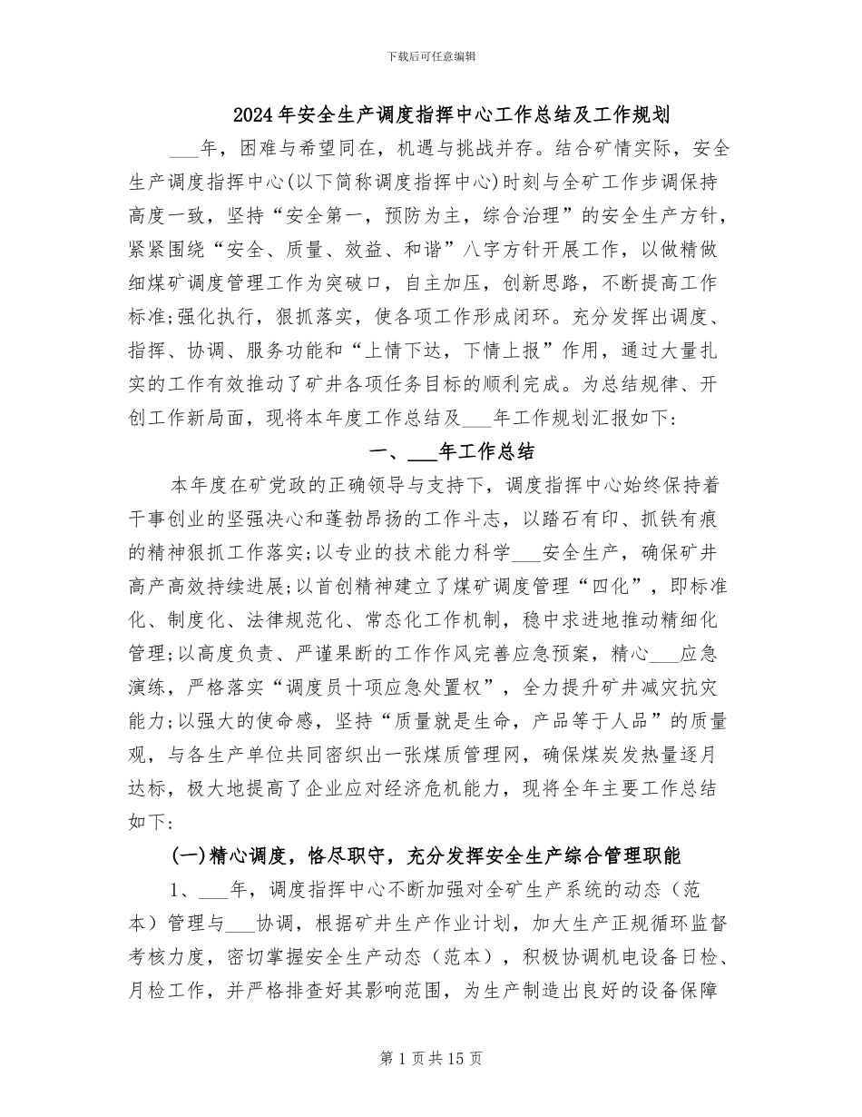 2024年安全生产调度指挥中心工作总结及工作规划_第1页