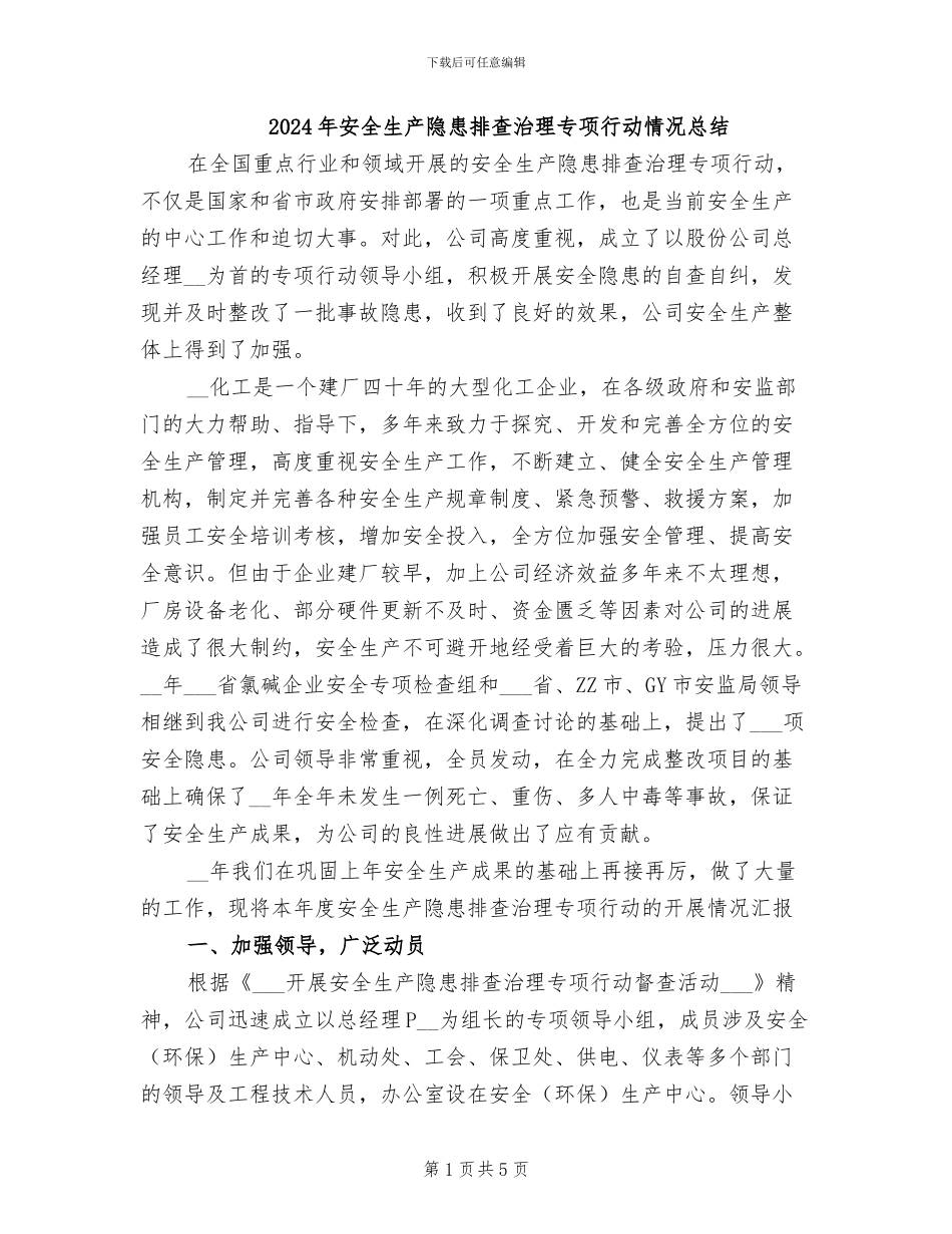2024年安全生产隐患排查治理专项行动情况总结_第1页