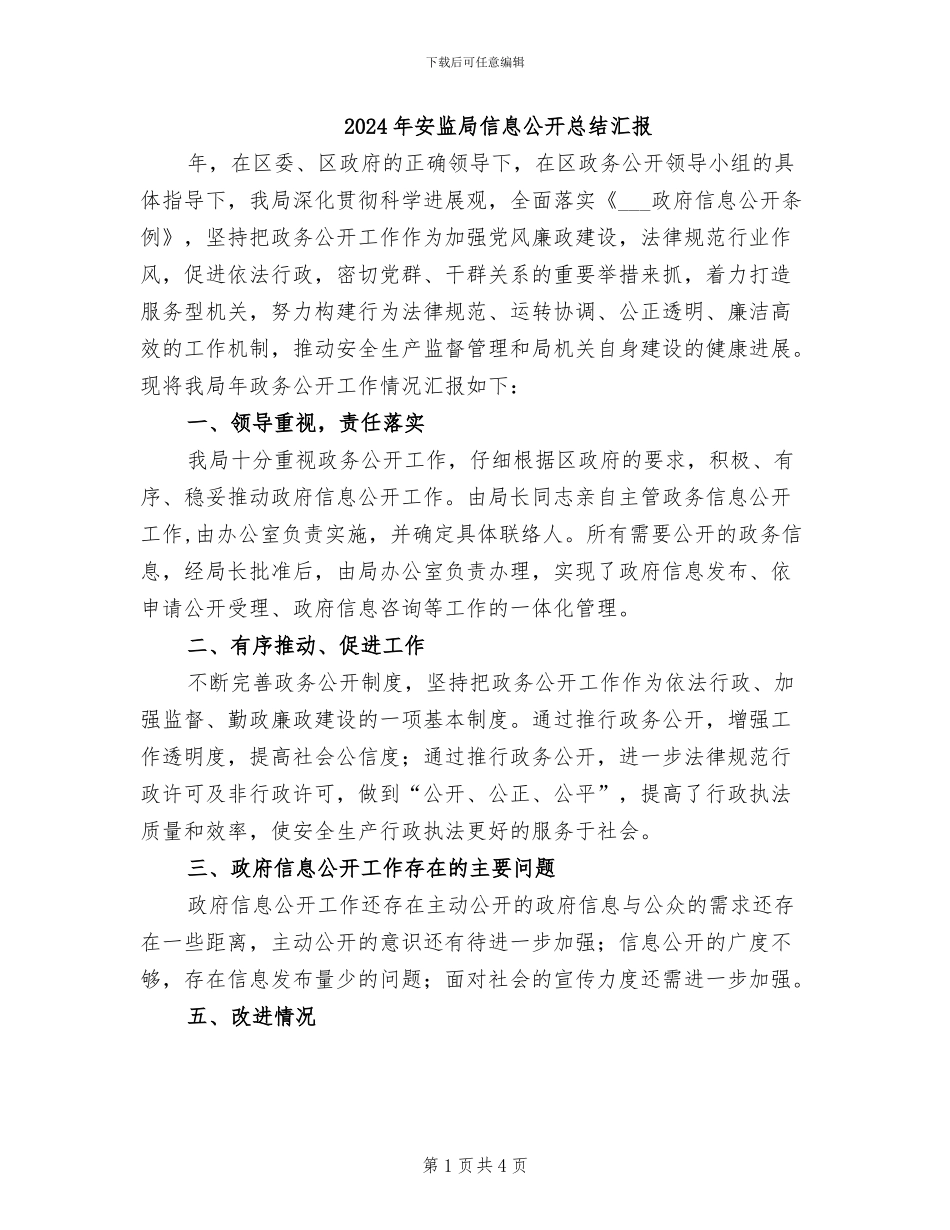 2024年安监局信息公开总结汇报_第1页