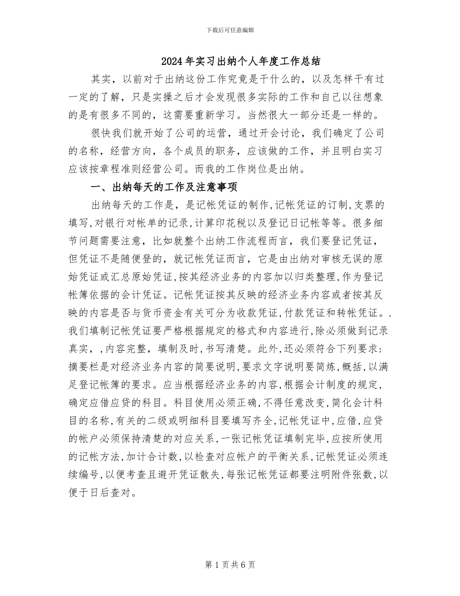 2024年实习出纳个人年度工作总结_第1页