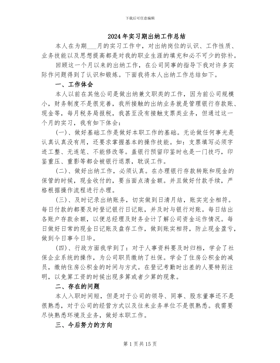 2024年实习期出纳工作总结_第1页