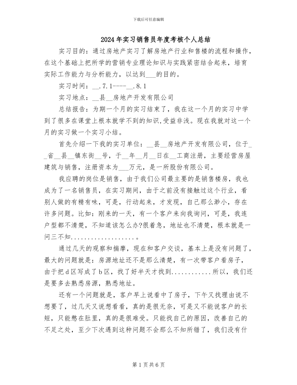 2024年实习销售员年度考核个人总结_第1页