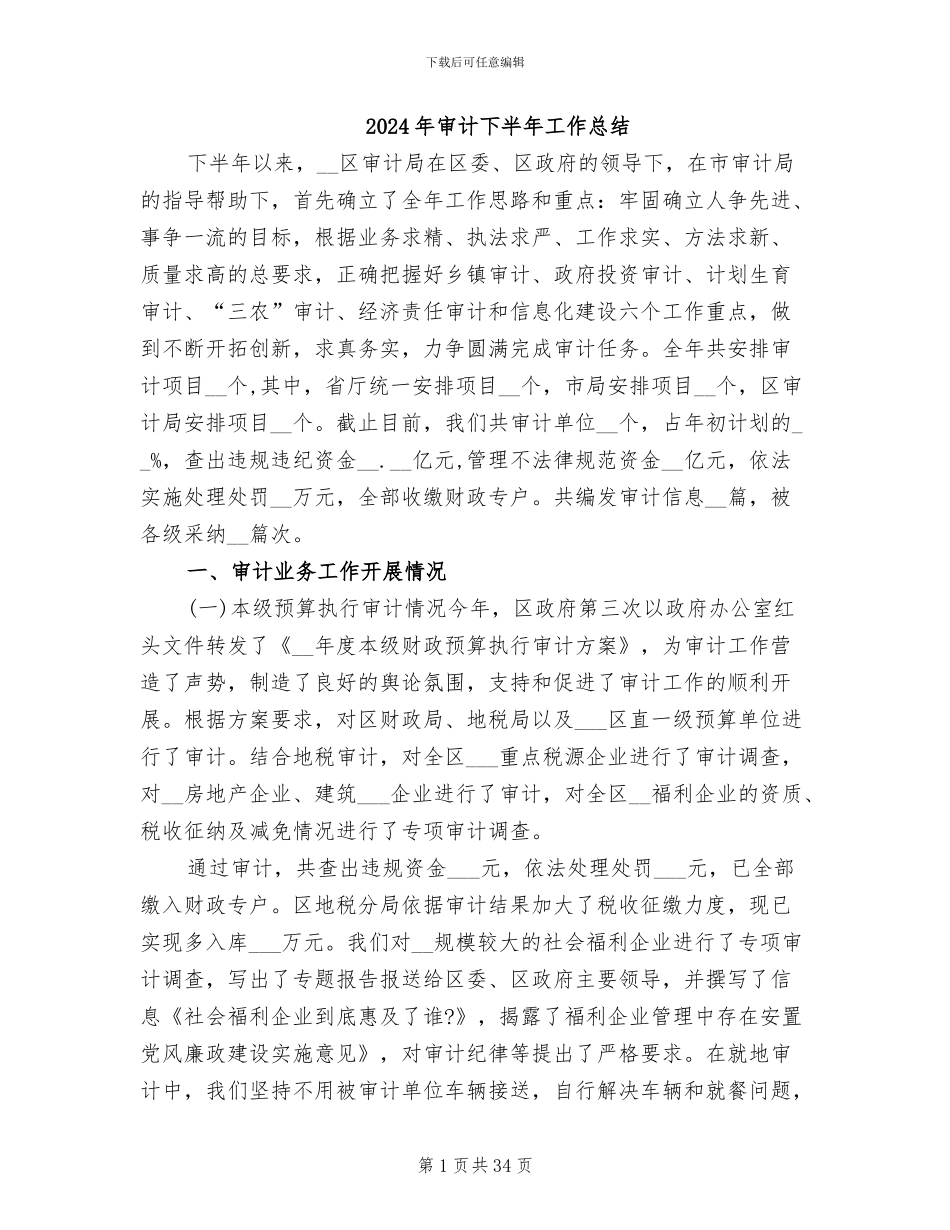 2024年审计下半年工作总结_第1页