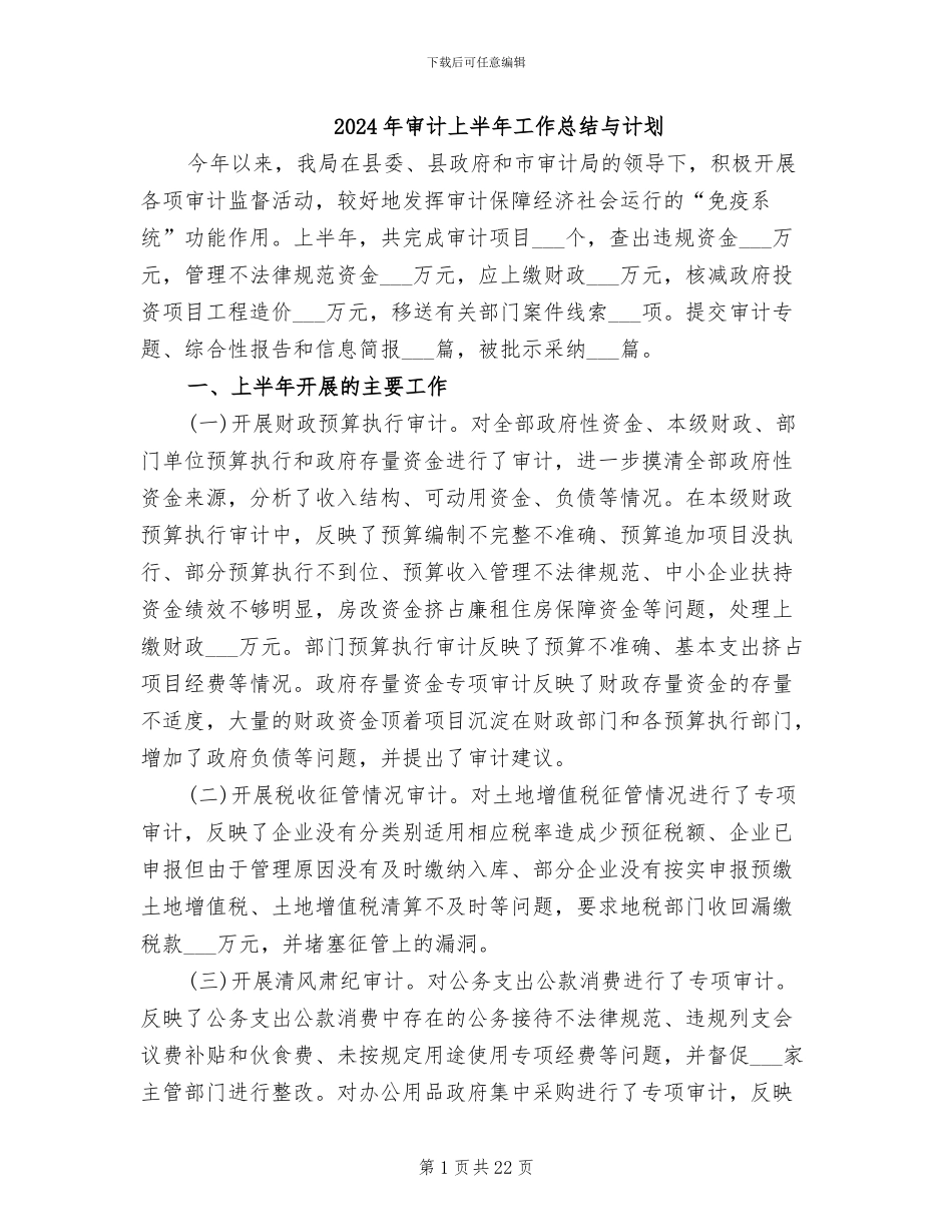 2024年审计上半年工作总结与计划_第1页