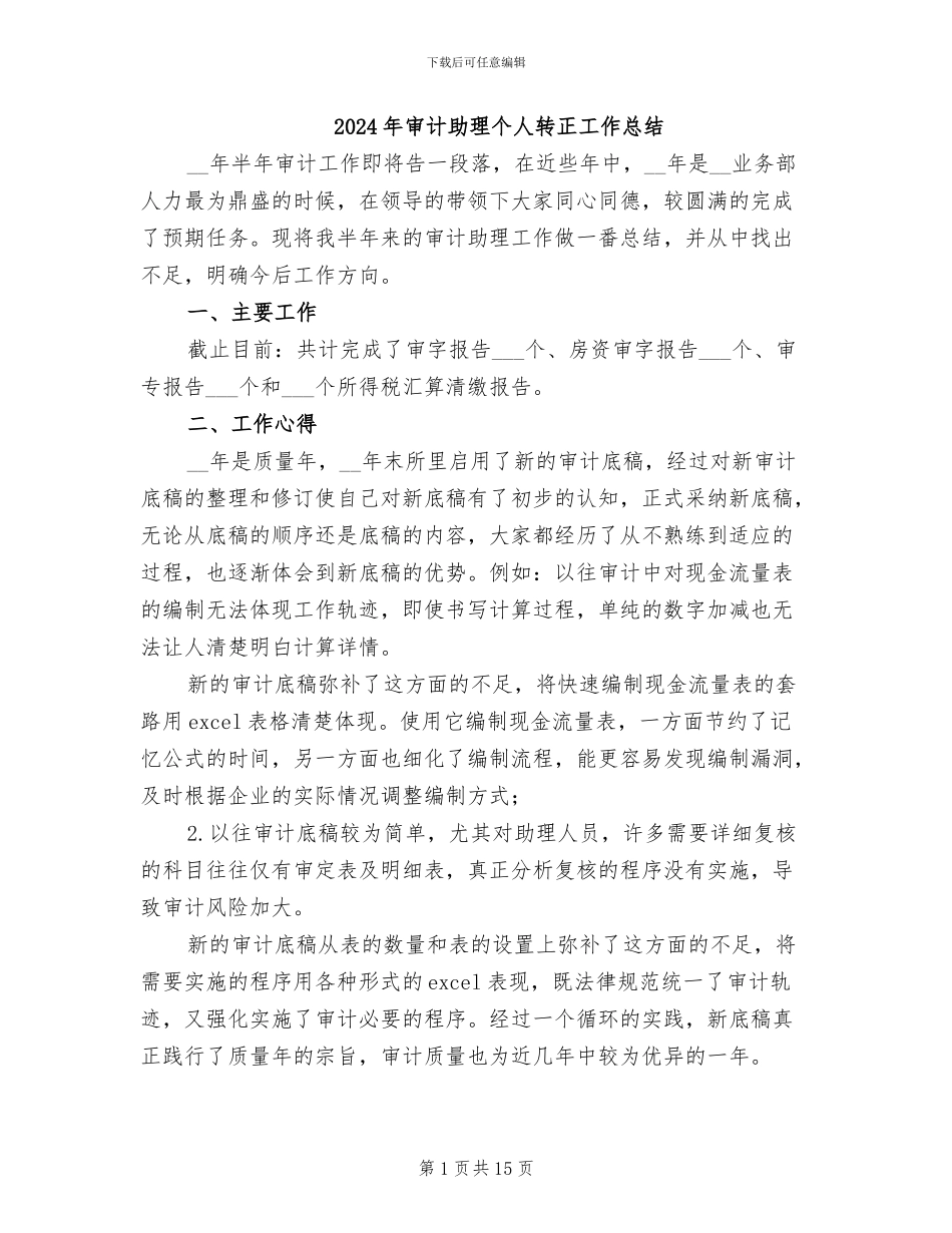 2024年审计助理个人转正工作总结_第1页