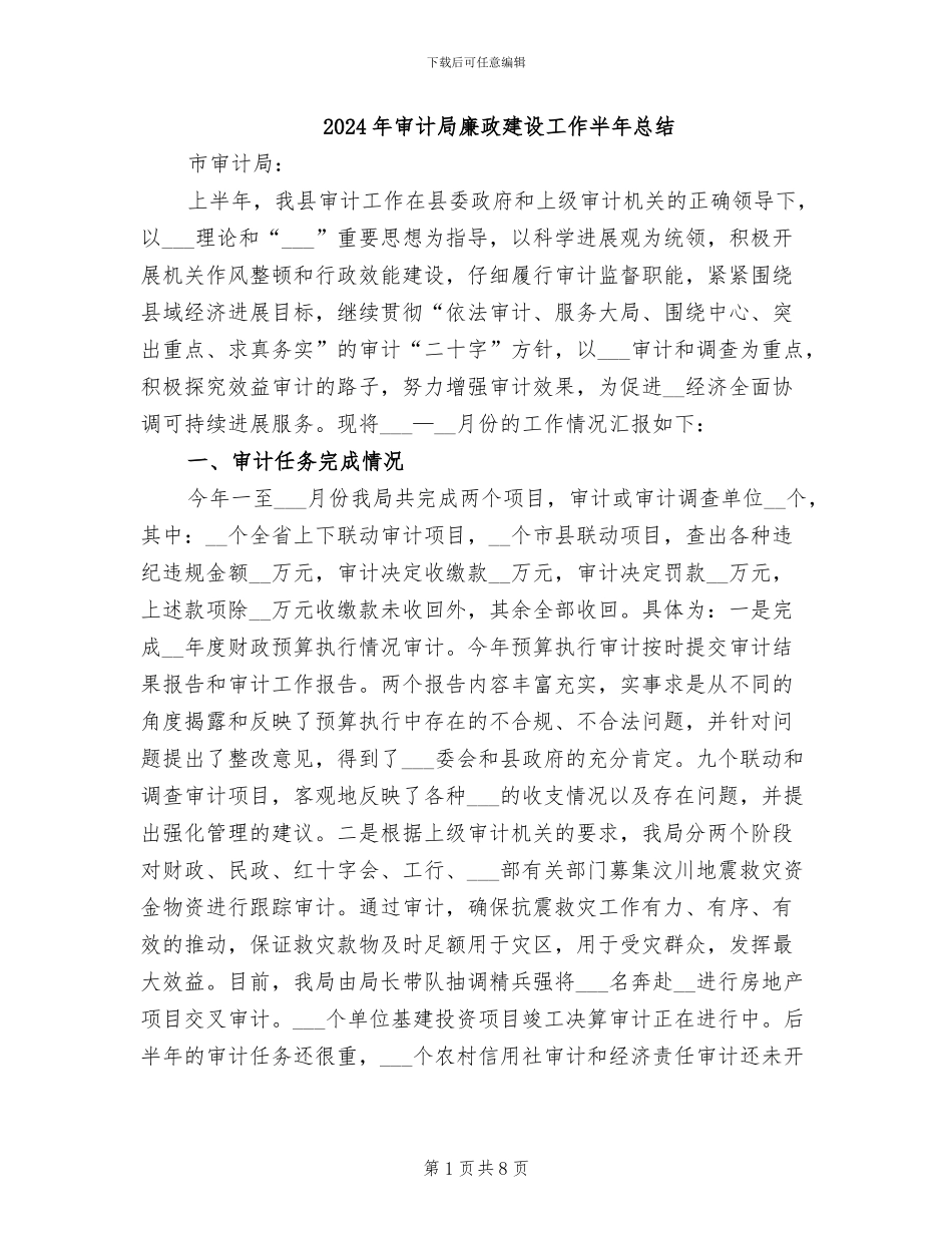 2024年审计局廉政建设工作半年总结_第1页