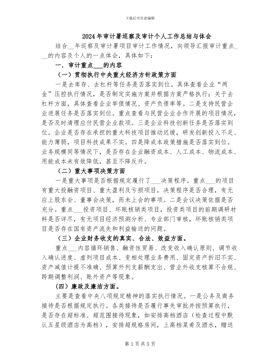 2024年审计署巡察及审计个人工作总结与体会_第1页