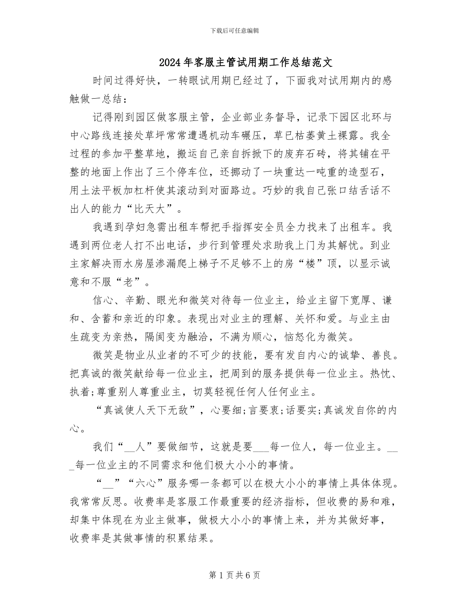 2024年客服主管试用期工作总结范文_第1页