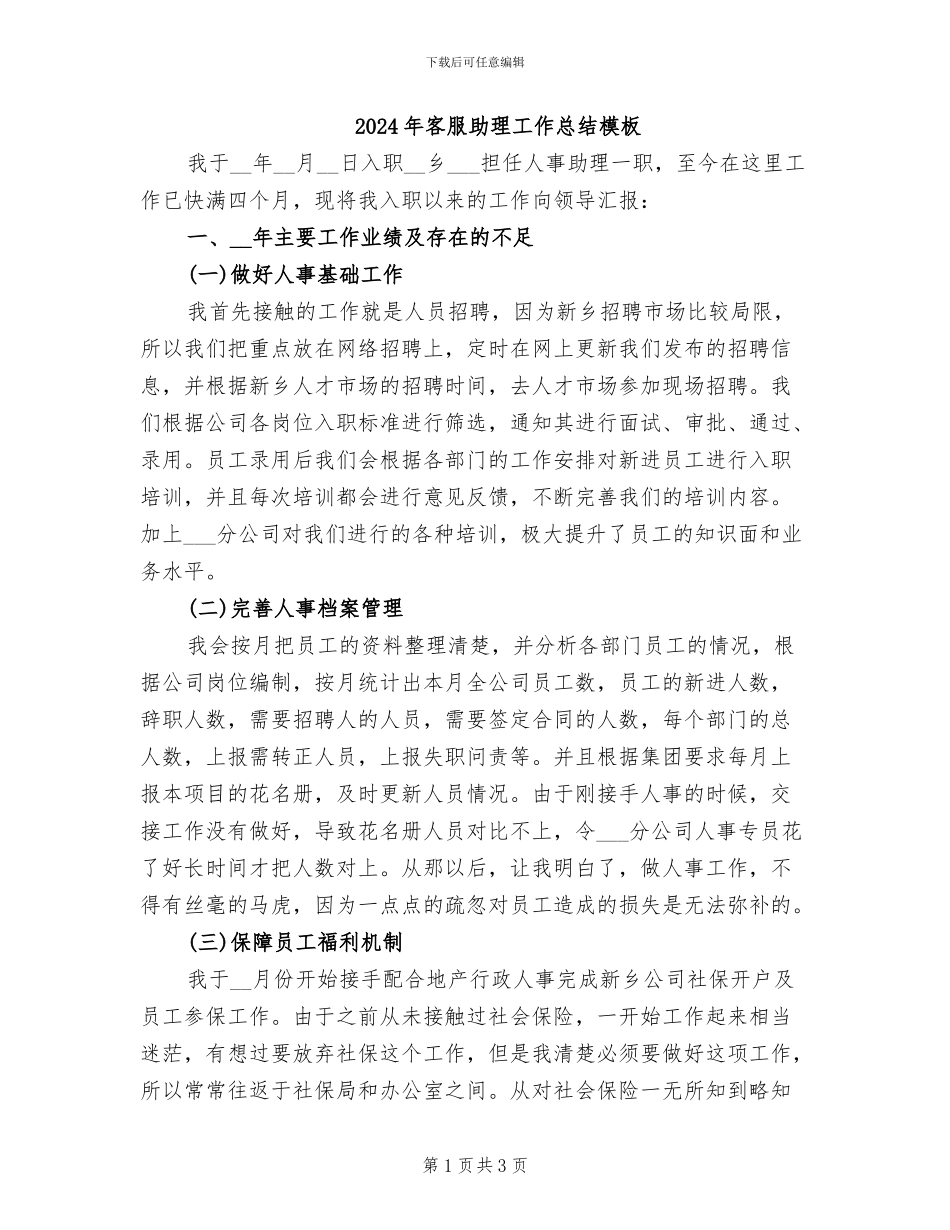 2024年客服助理工作总结模板_第1页