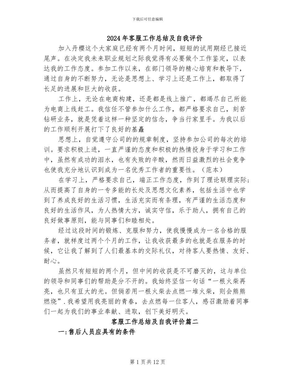 2024年客服工作总结及自我评价_第1页
