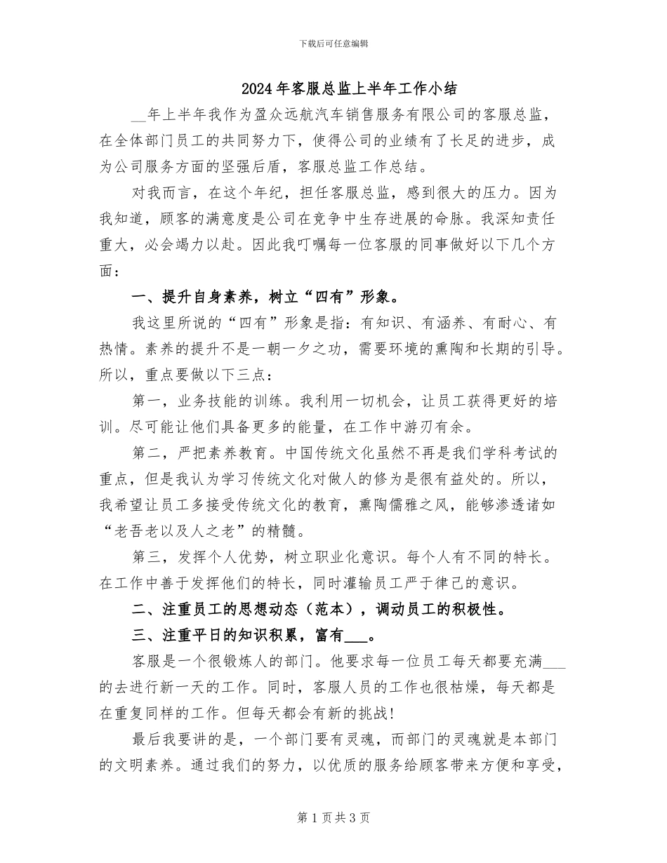 2024年客服总监上半年工作小结_第1页