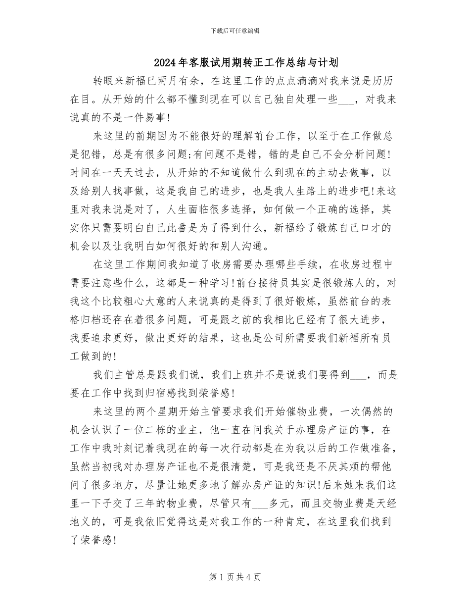 2024年客服试用期转正工作总结与计划_第1页