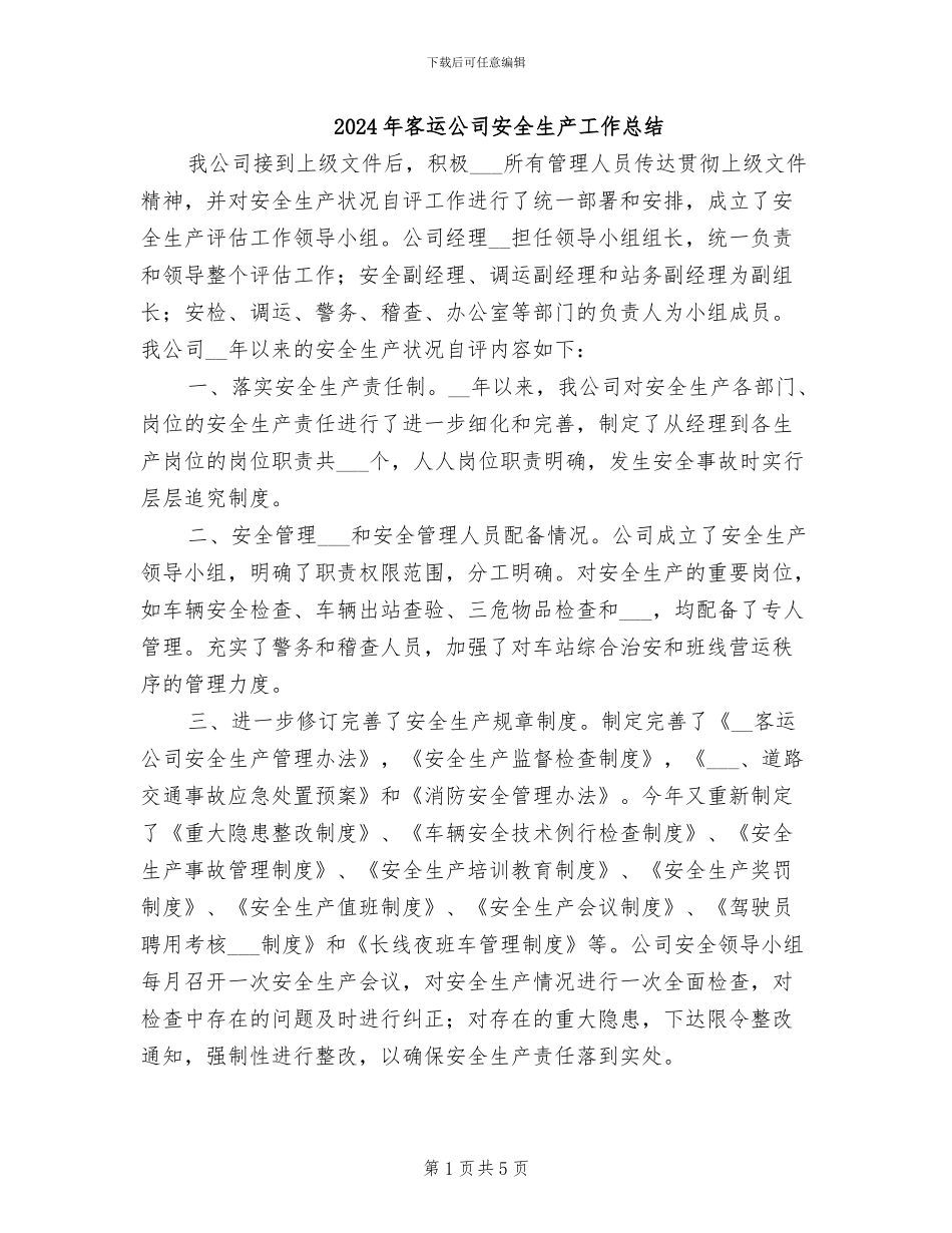 2024年客运公司安全生产工作总结_第1页