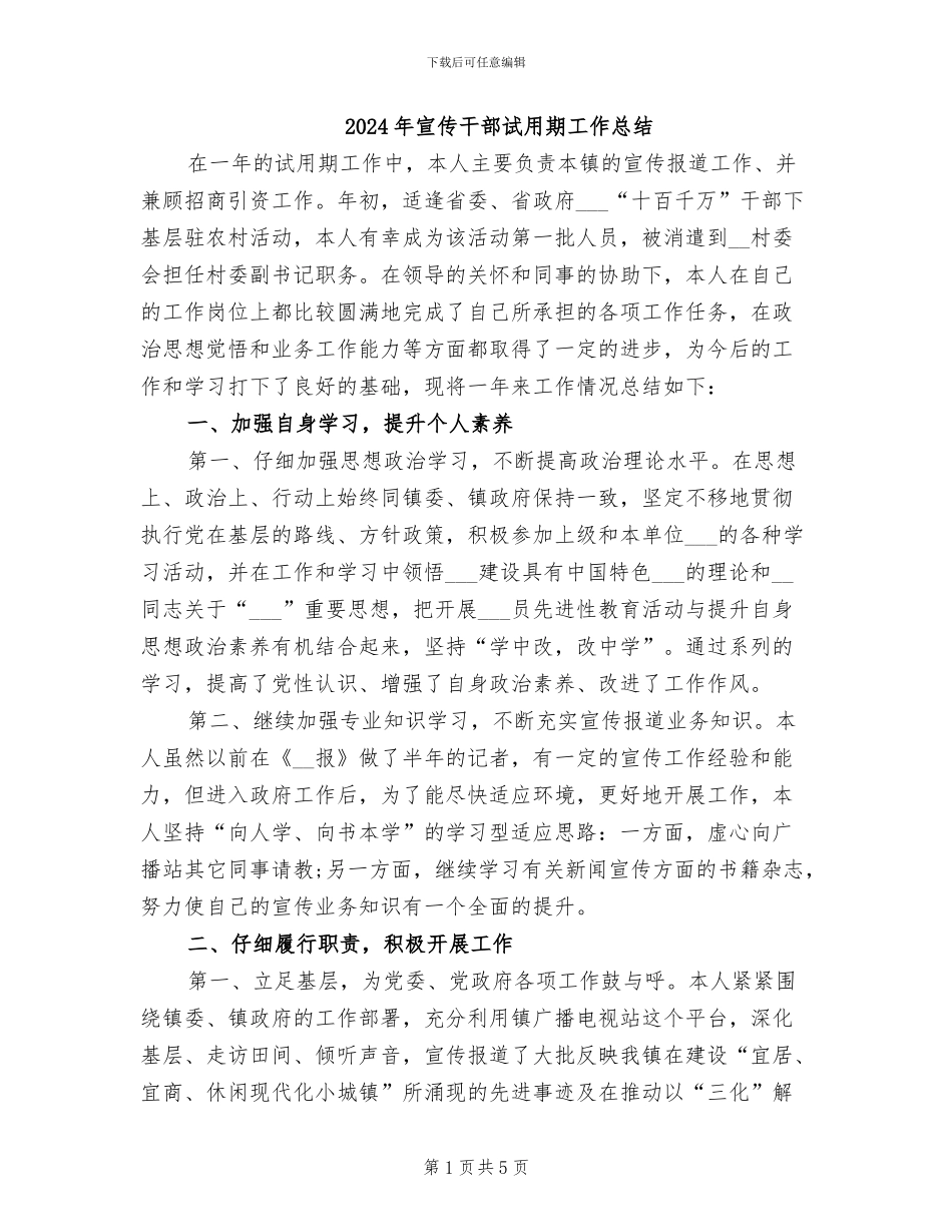 2024年宣传干部试用期工作总结_第1页