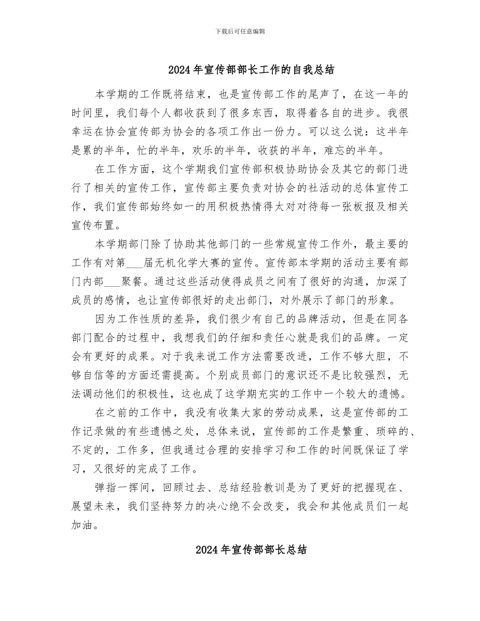 2024年宣传部部长工作的自我总结_第1页