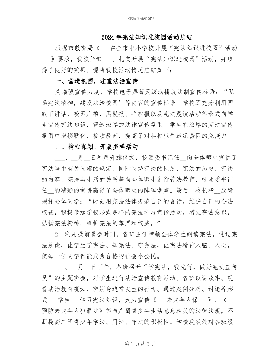 2024年宪法知识进校园活动总结_第1页