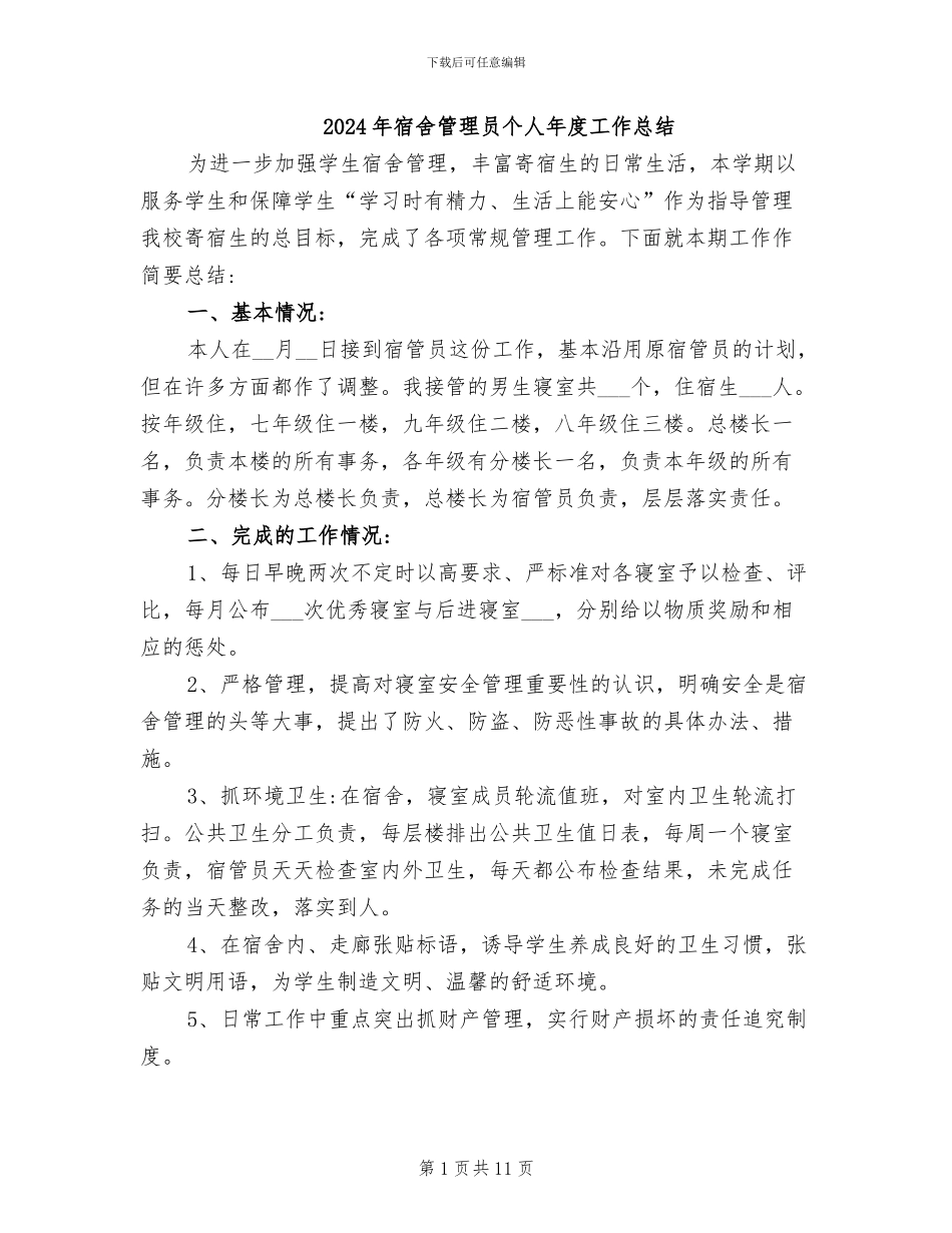 2024年宿舍管理员个人年度工作总结_第1页