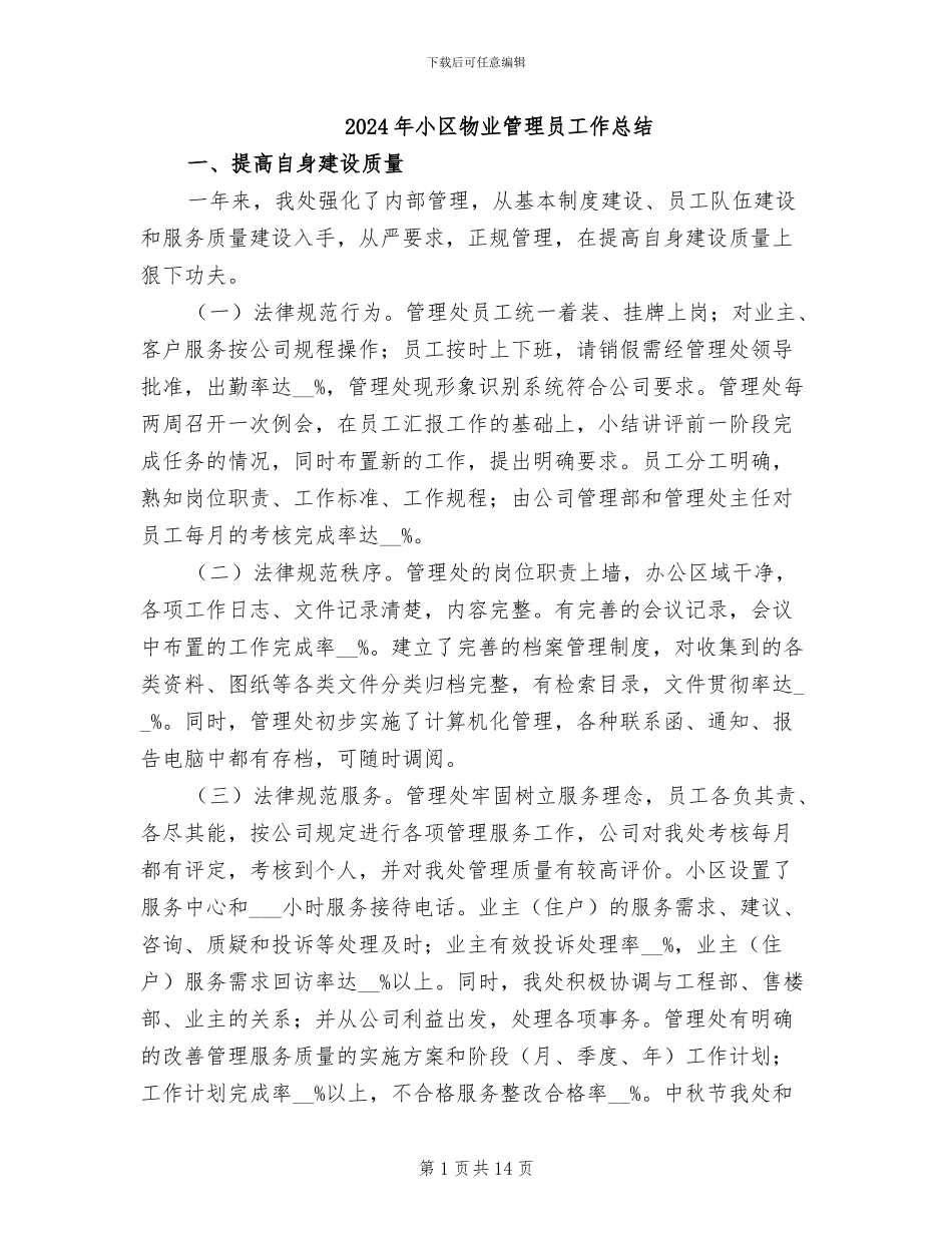 2024年小区物业管理员工作总结_第1页