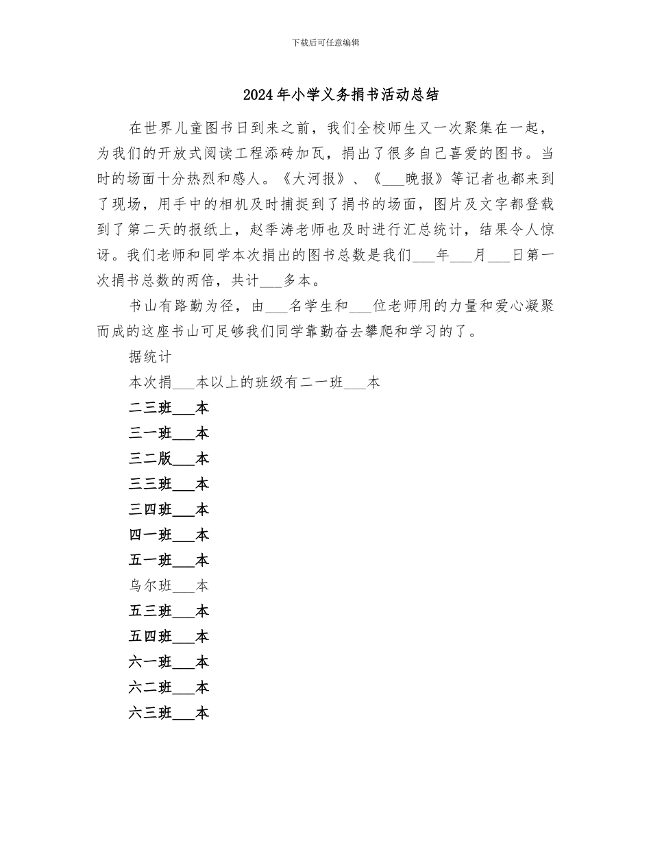 2024年小学义务捐书活动总结_第1页