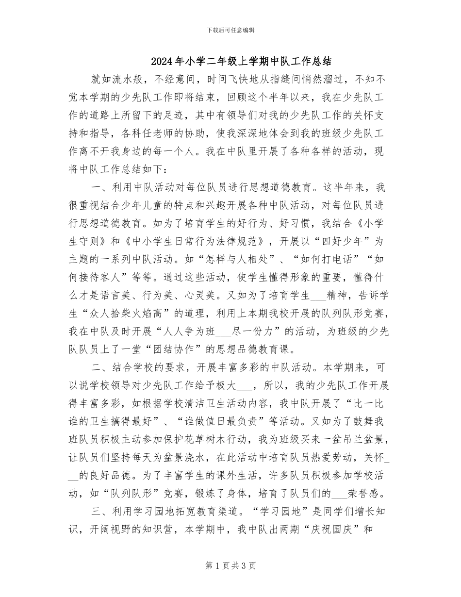 2024年小学二年级上学期中队工作总结_第1页