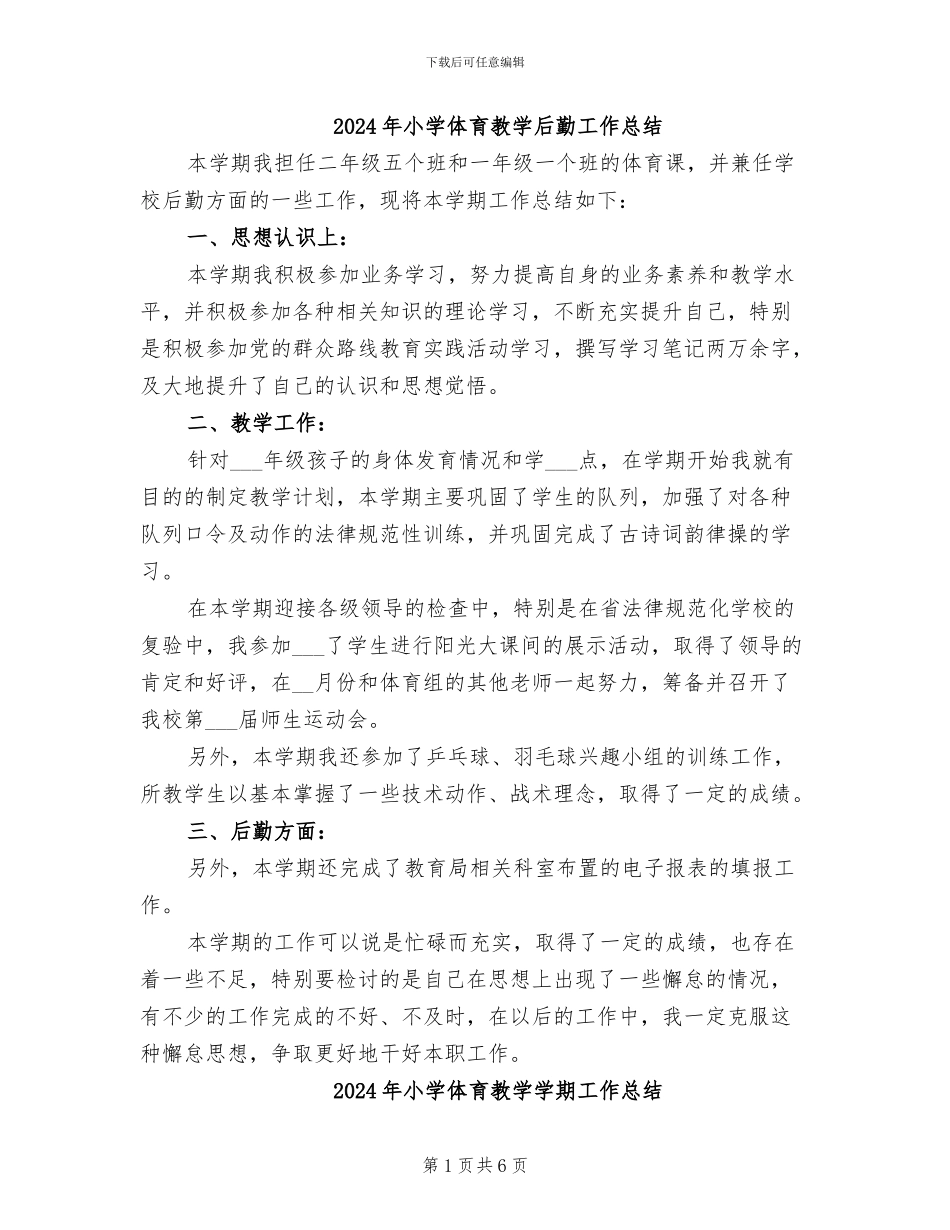 2024年小学体育教学后勤工作总结_第1页