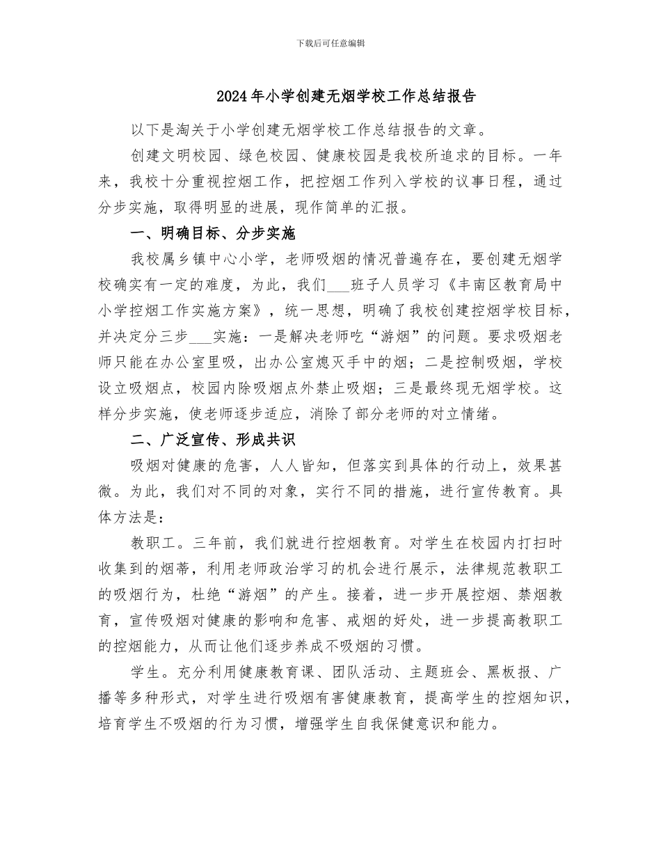 2024年小学创建无烟学校工作总结报告_第1页