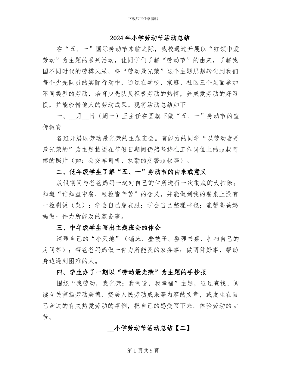 2024年小学劳动节活动总结_第1页