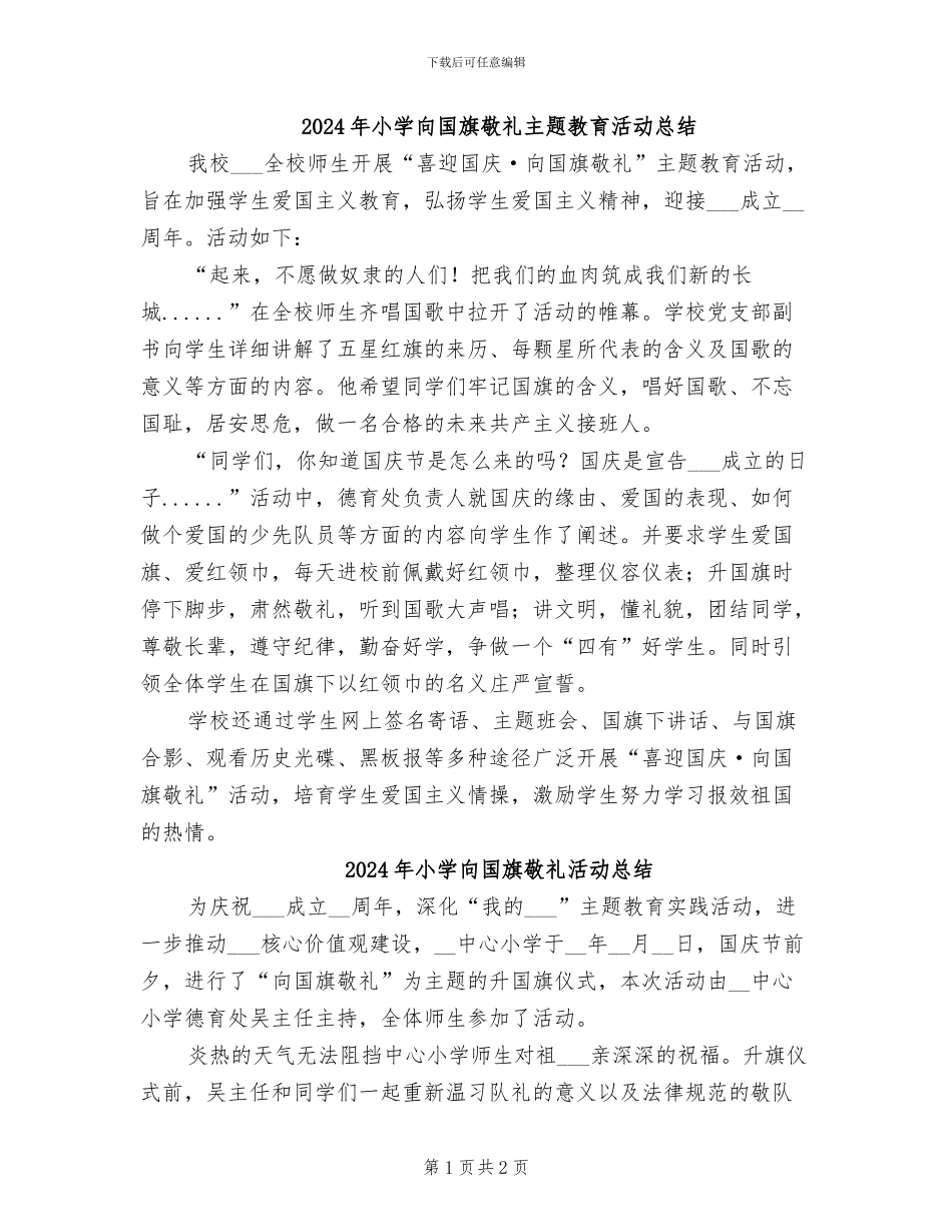 2024年小学向国旗敬礼主题教育活动总结_第1页