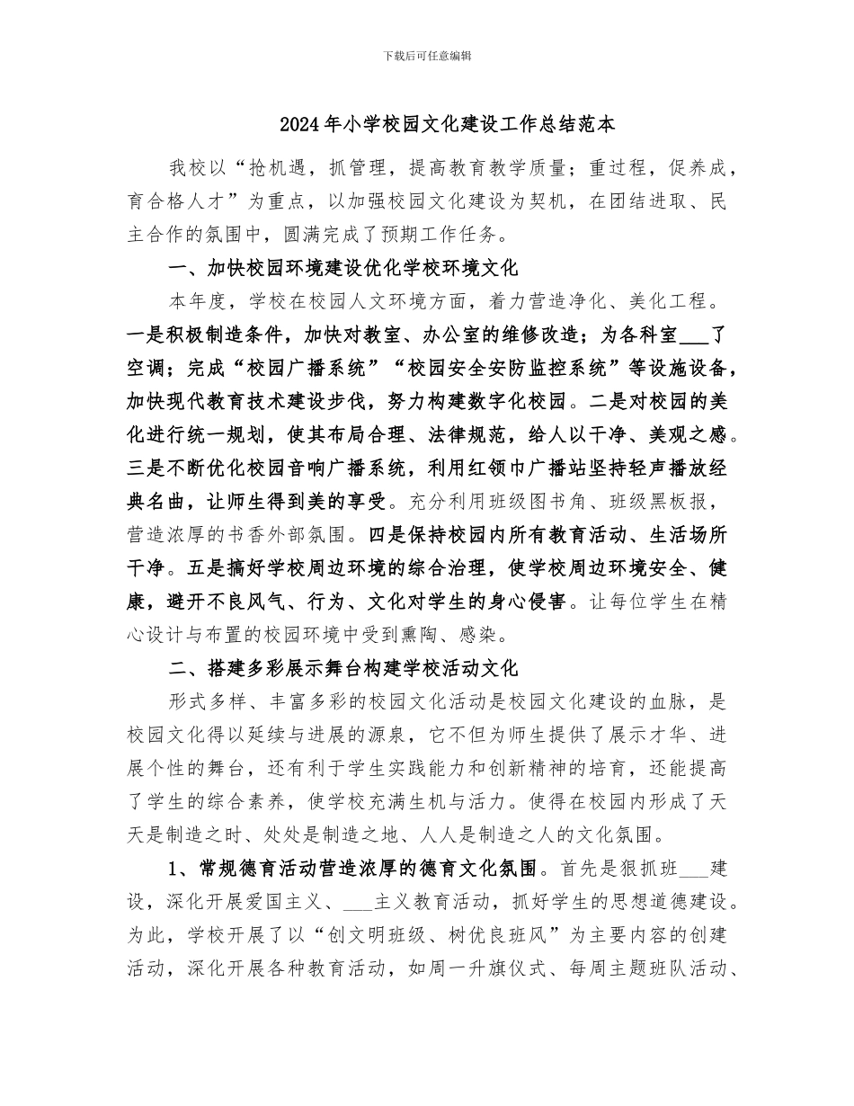 2024年小学校园文化建设工作总结范本_第1页