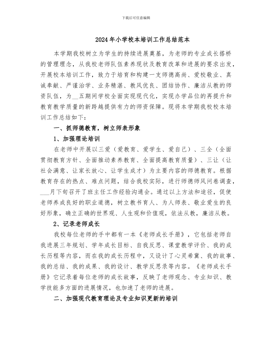 2024年小学校本培训工作总结范本_第1页