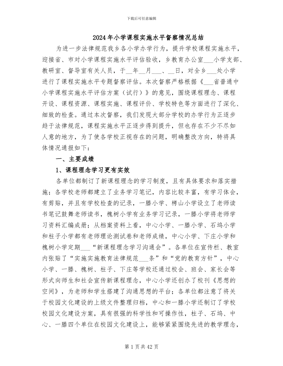 2024年小学课程实施水平督察情况总结_第1页