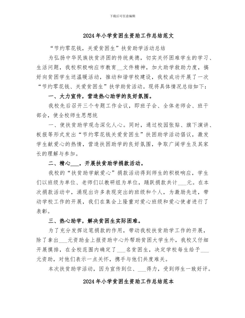 2024年小学贫困生资助工作总结范文_第1页