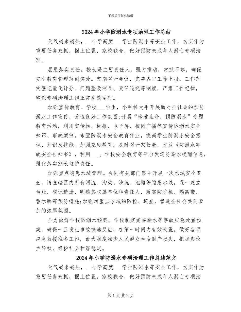 2024年小学防溺水专项治理工作总结_第1页