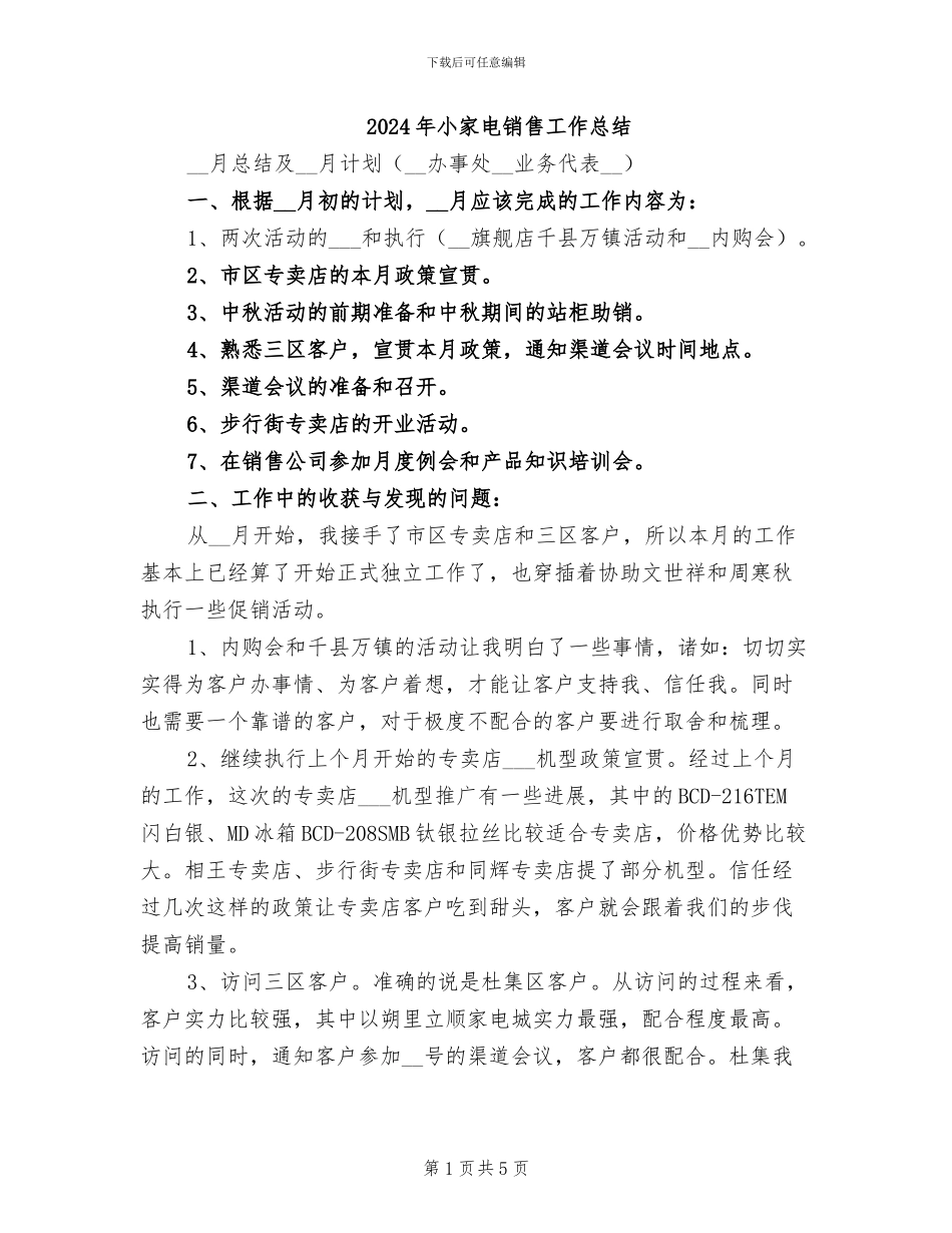 2024年小家电销售工作总结_第1页