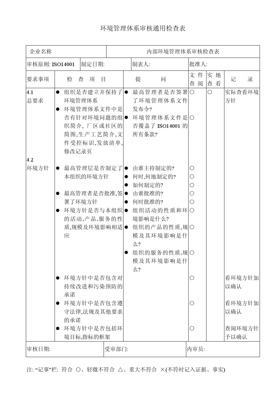 环境管理体系内审通用查表(全条款)_第1页