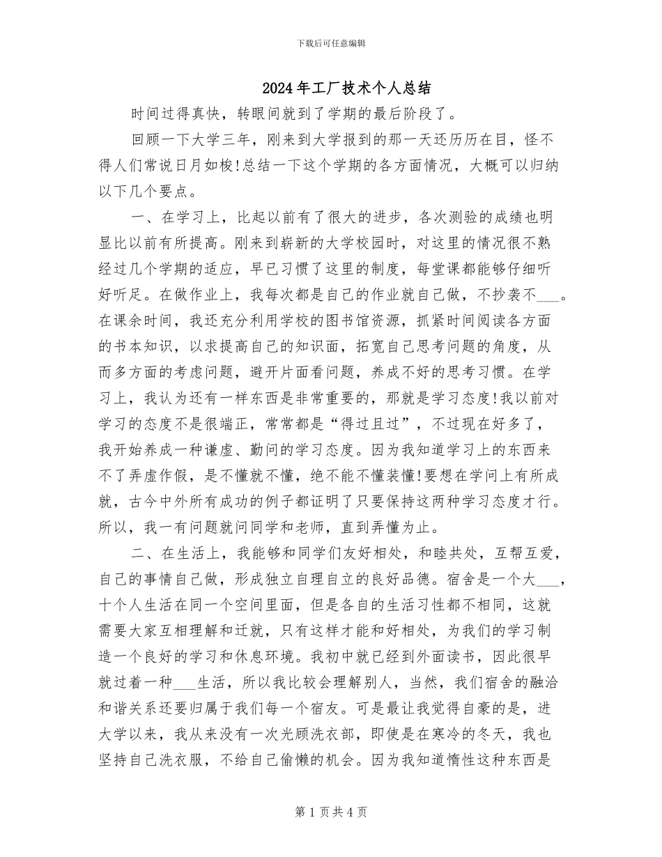 2024年工厂技术个人总结_第1页