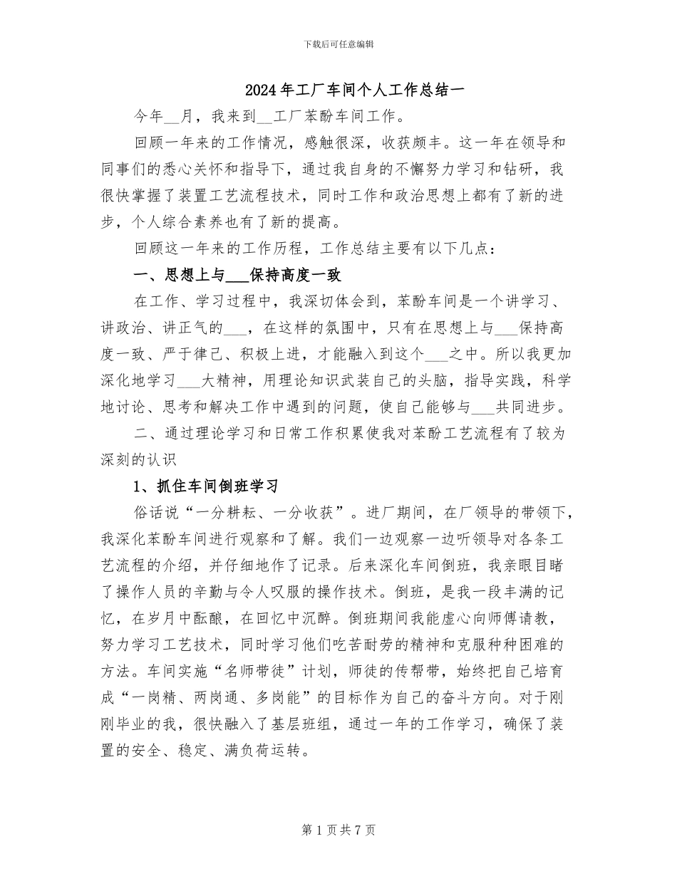 2024年工厂车间个人工作总结一_第1页