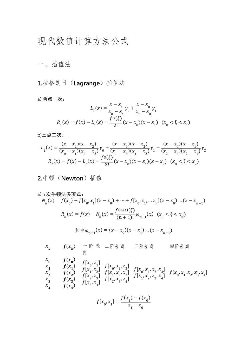 现代数值计算方法公式总结_第1页