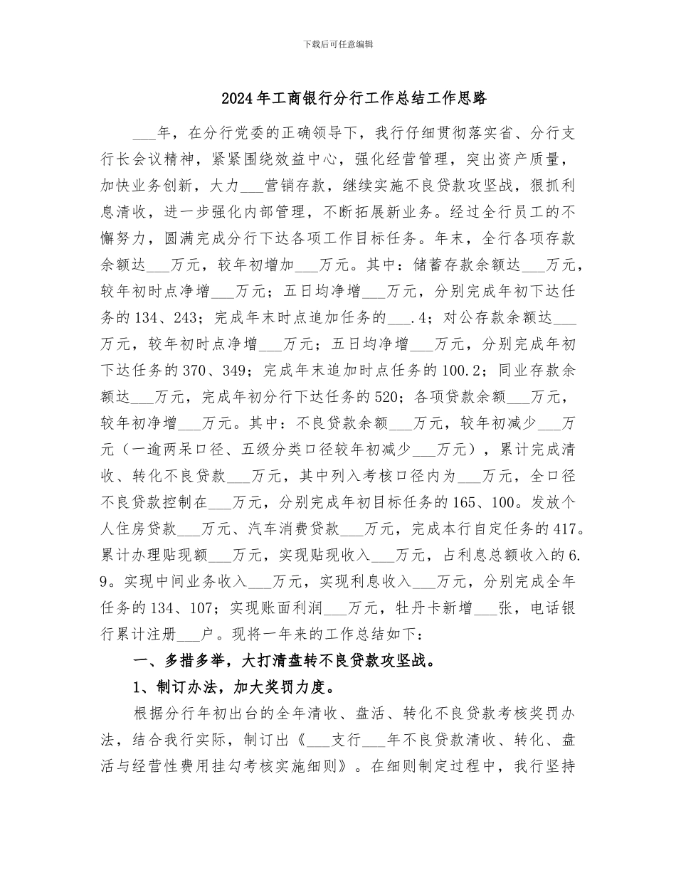 2024年工商银行分行工作总结工作思路_第1页