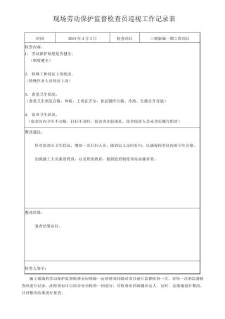 现场劳动保护监督检查员巡视工作记录