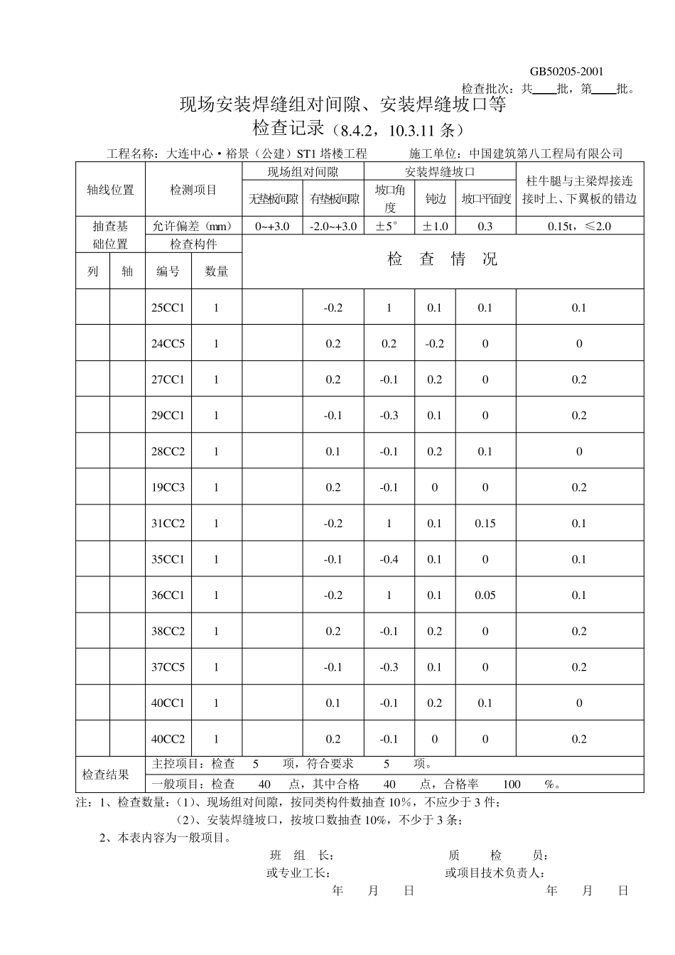 现场安装焊缝组对间隙、安装焊缝坡口等检查记录_第1页