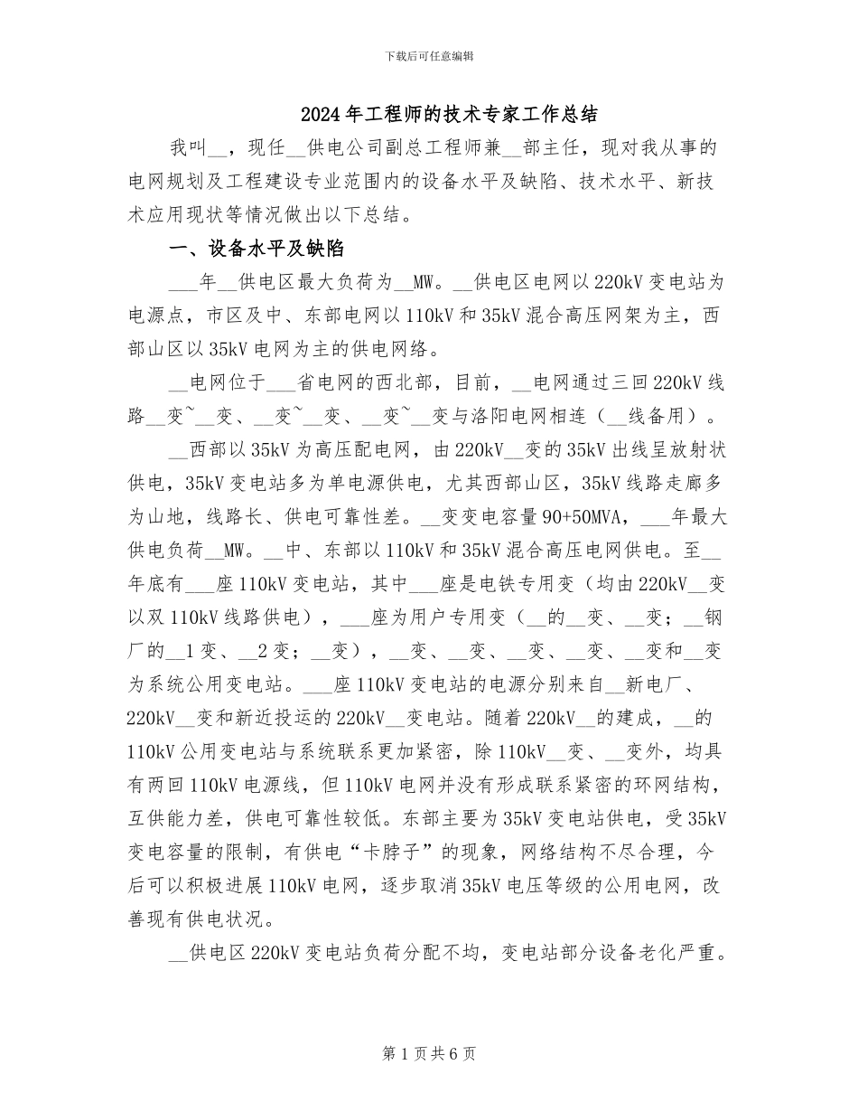 2024年工程师的技术专家工作总结_第1页
