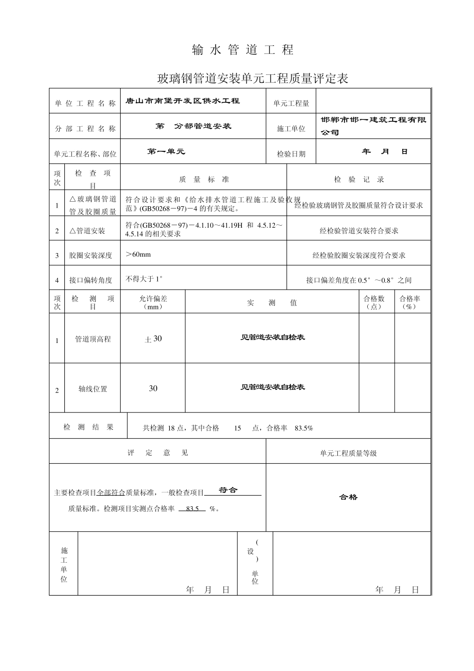 玻璃钢管安装单元工程质量评定表_第1页