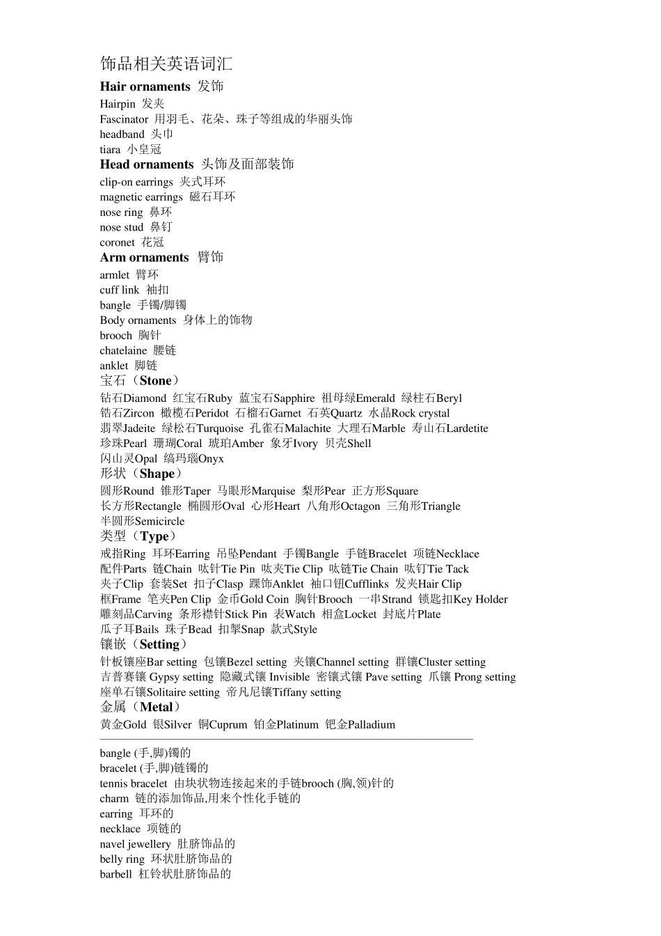 珠宝首饰词汇中英对照_第1页