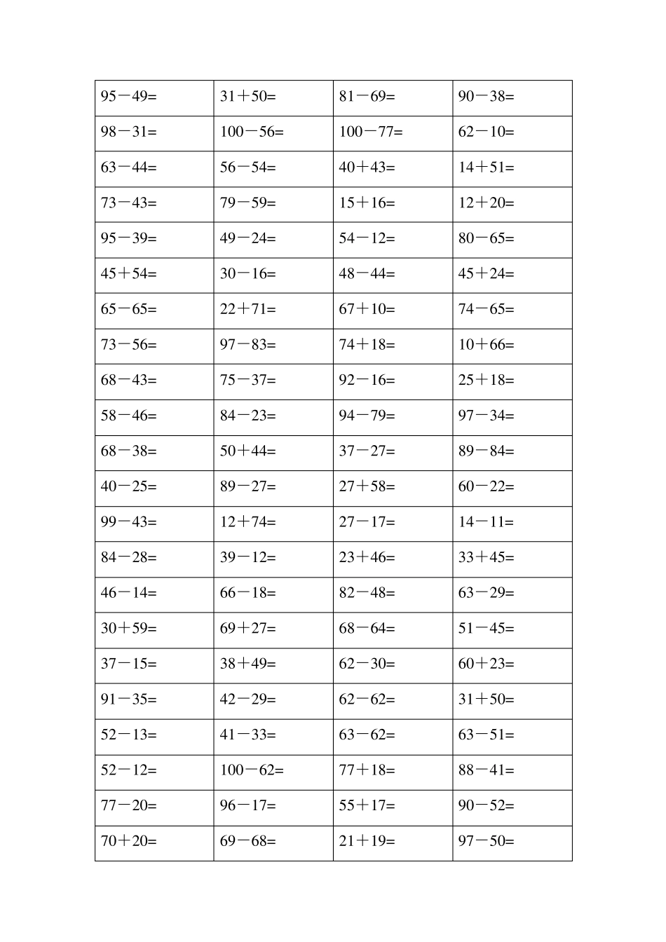 珠心算练习题(100以内的加减法)_第2页