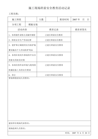 班前安全教育记录(模板安装)