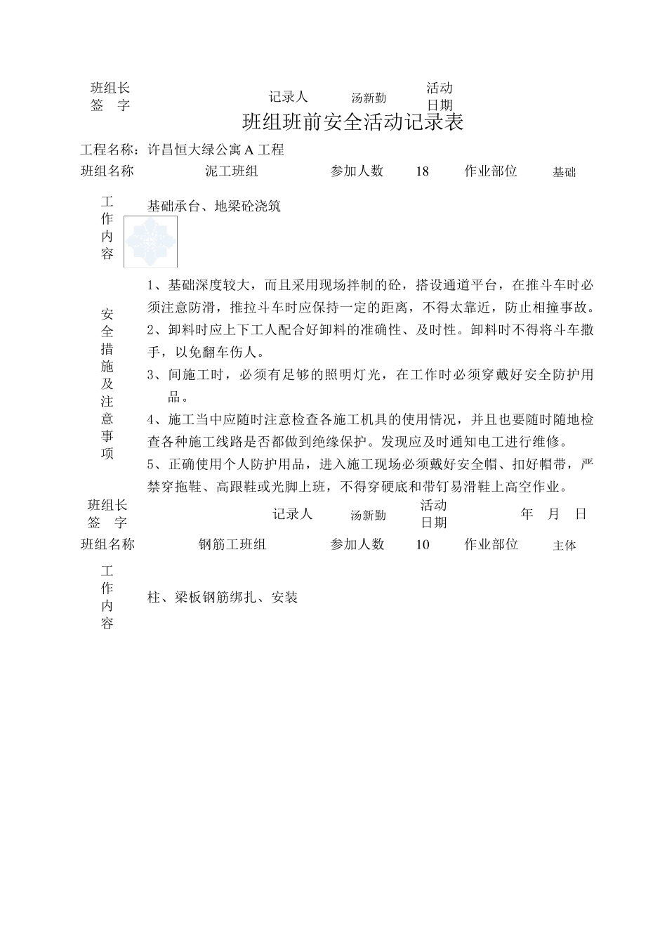 班前安全活动记录表(最新范例)_第3页